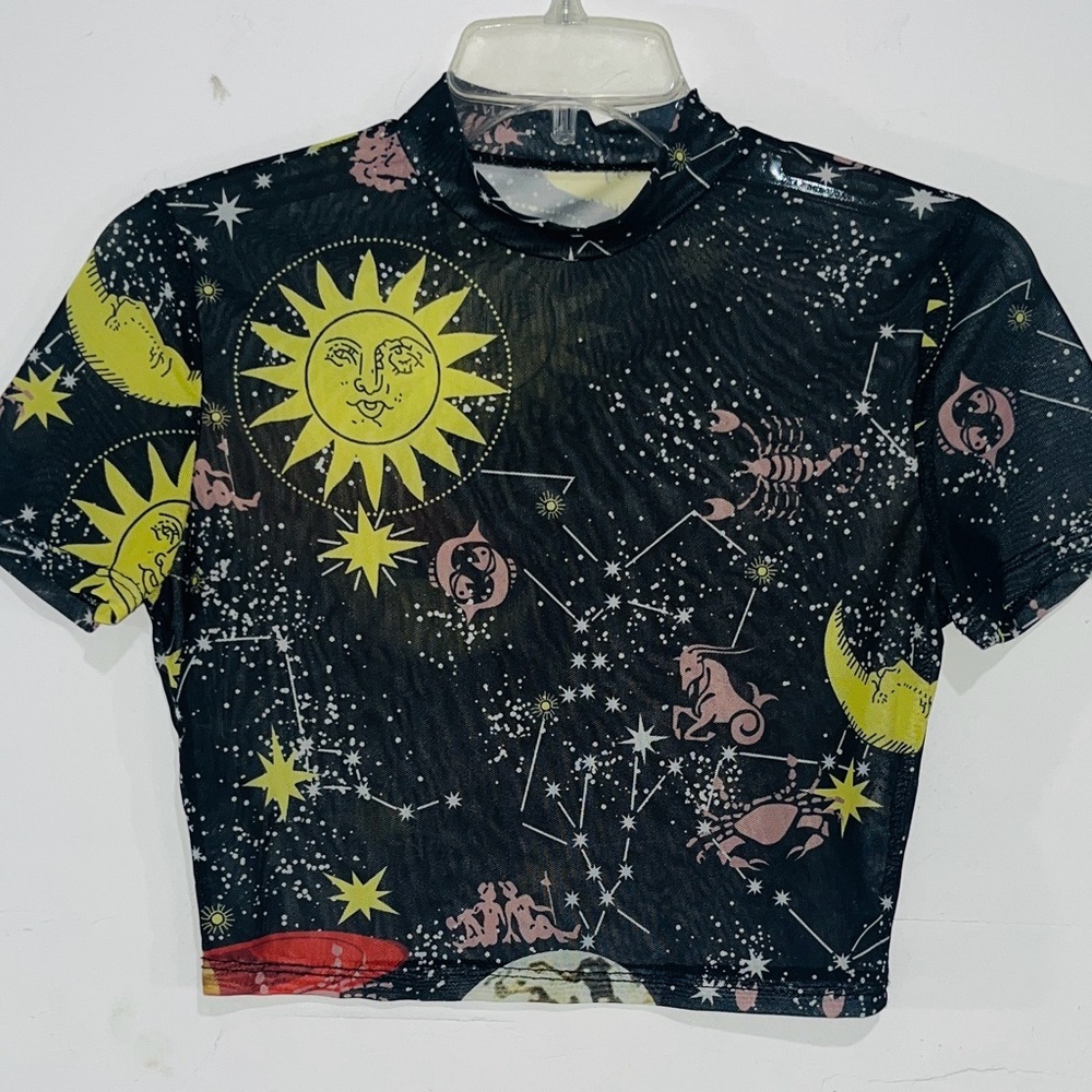 Celestial Print Black Sheer See Thru Mock Neck Short Sleeve Crop Top
